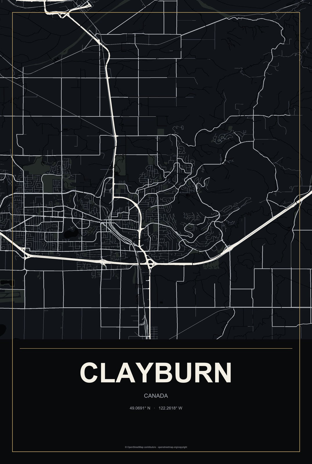 Clayburn, Canada City Map Aluminum Sign in Metropolitan Noir style