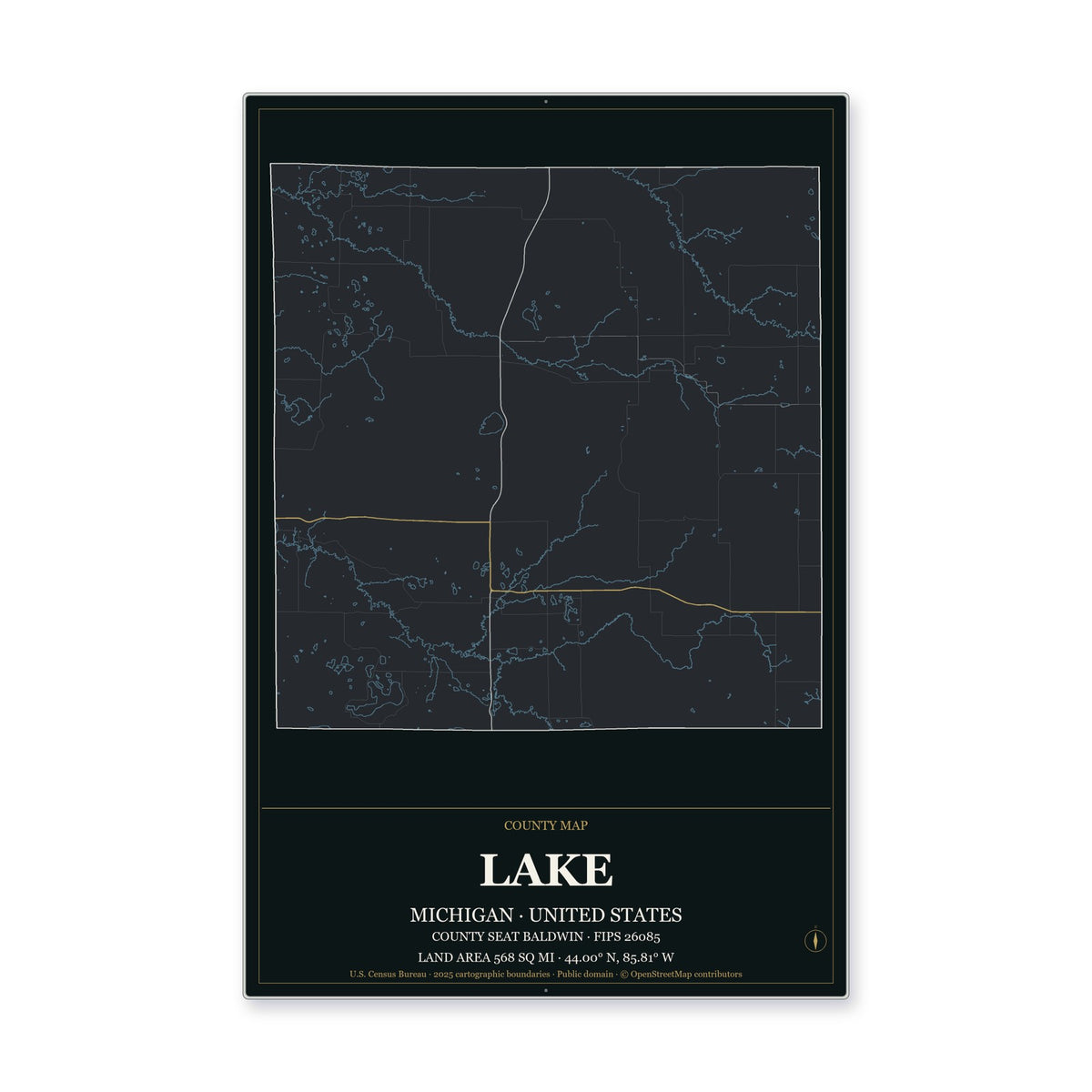 Lake County, Michigan Map Aluminum Sign in Metropolitan Noir style