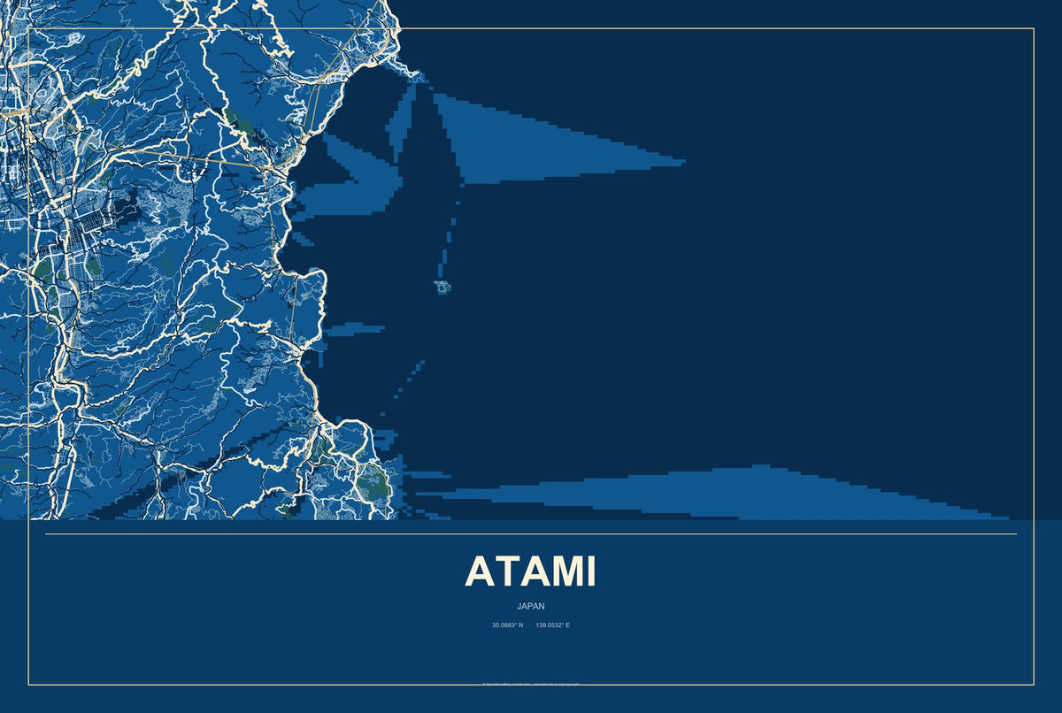 Atami, Japan City Map Aluminum Sign in Harbor Cobalt style