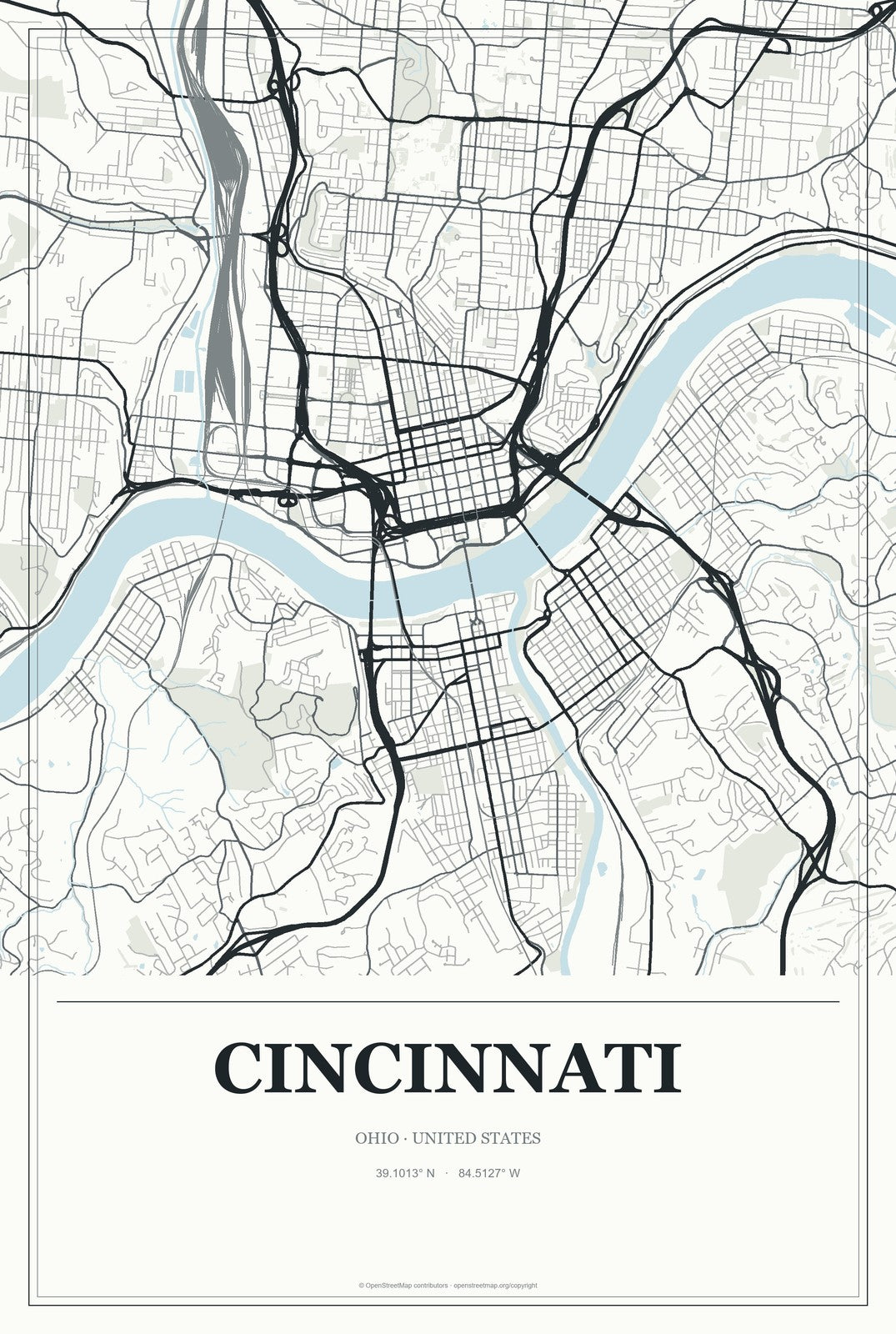 Cincinnati, Ohio City Map Aluminum Sign in Gallery Air style