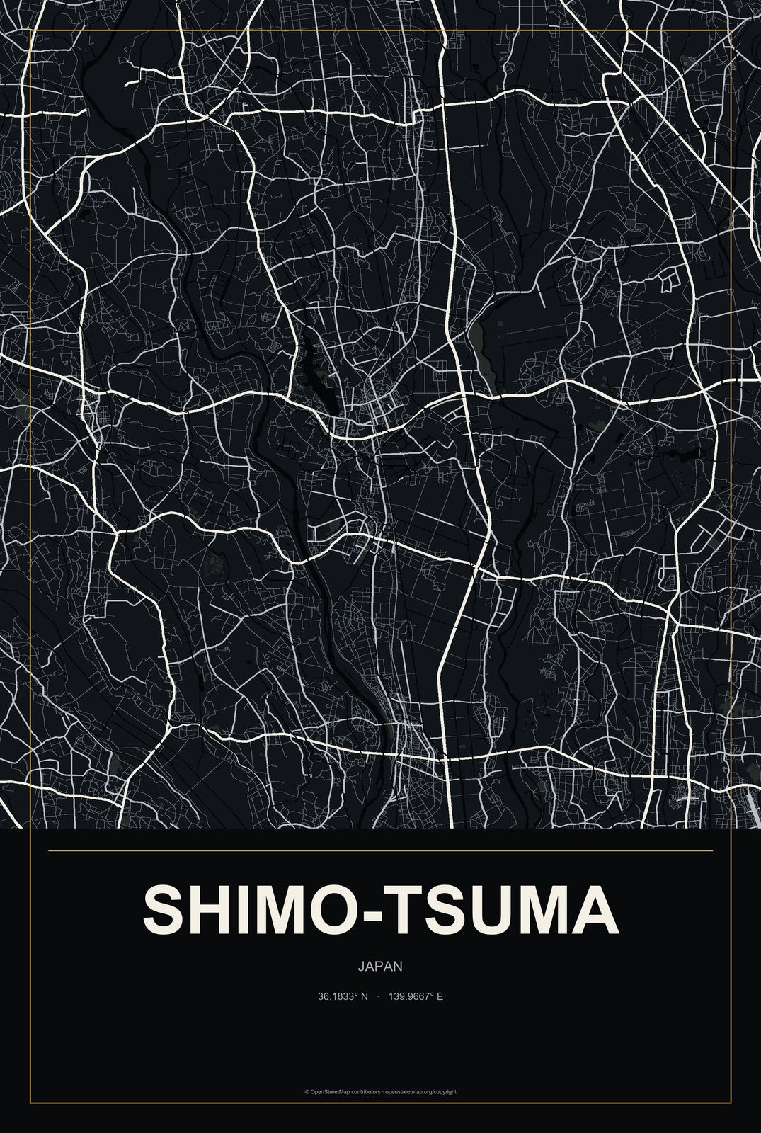 Shimo-tsuma, Japan City Map Aluminum Sign in Metropolitan Noir style