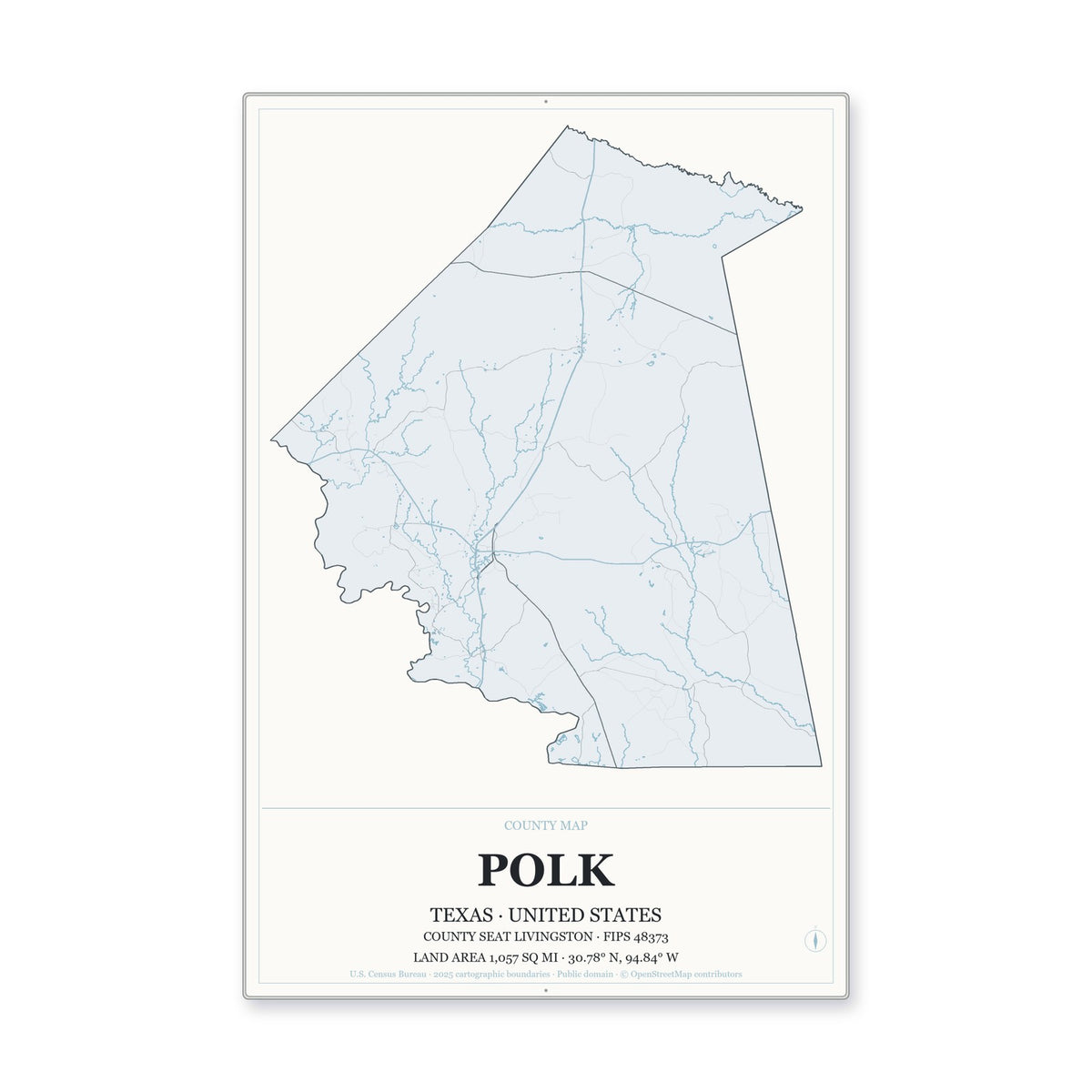 Polk County, Texas Map Aluminum Sign in Gallery Air style