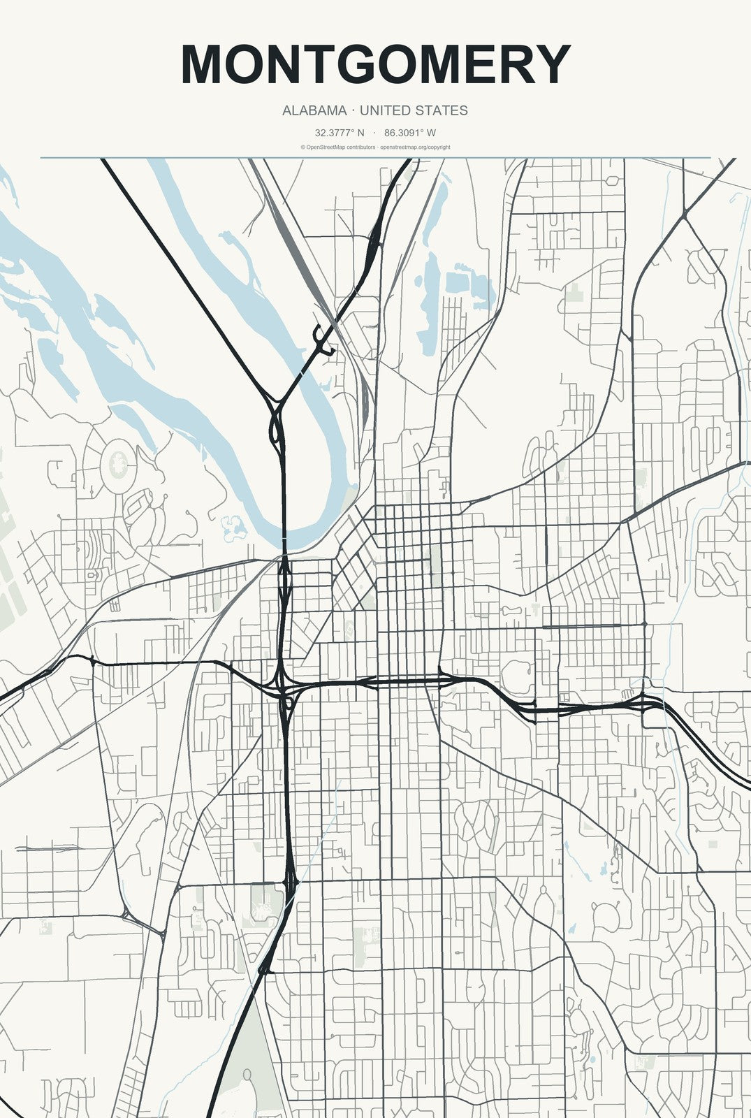 Montgomery, Alabama City Map Aluminum Sign in Headline Atlas style