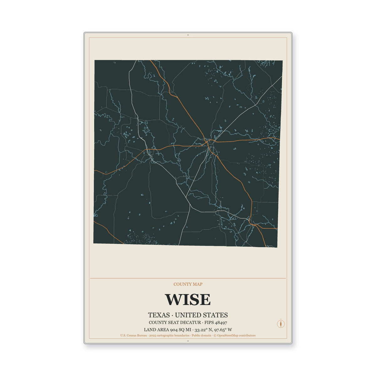 Wise County, Texas Map Aluminum Sign in Headline Atlas style