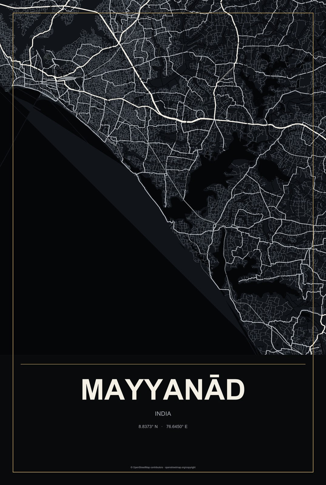 Mayyanād, India City Map Aluminum Sign in Metropolitan Noir style