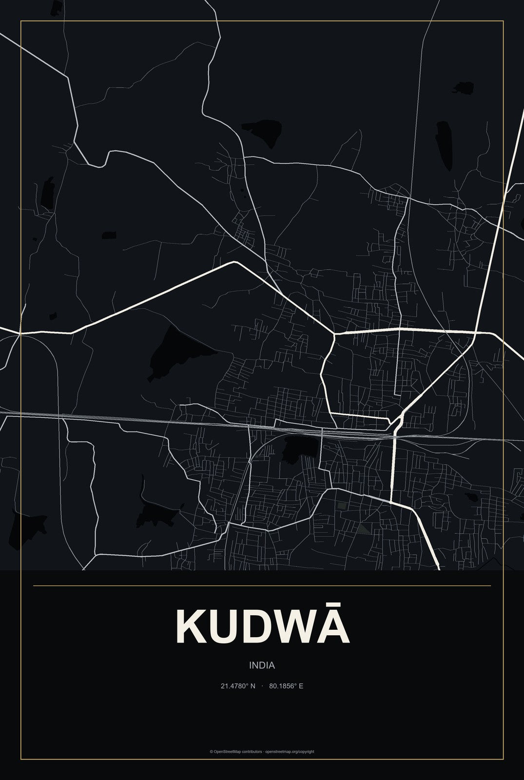 Kudwā, India City Map Aluminum Sign in Metropolitan Noir style