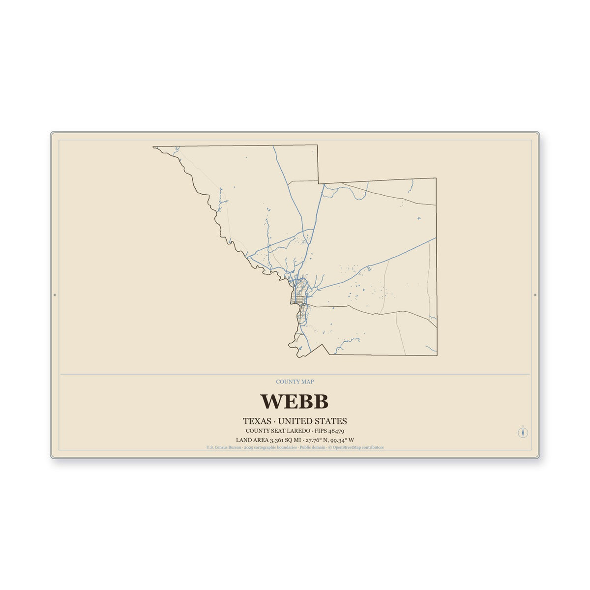 Webb County, Texas Map Aluminum Sign in Heritage Nautical style