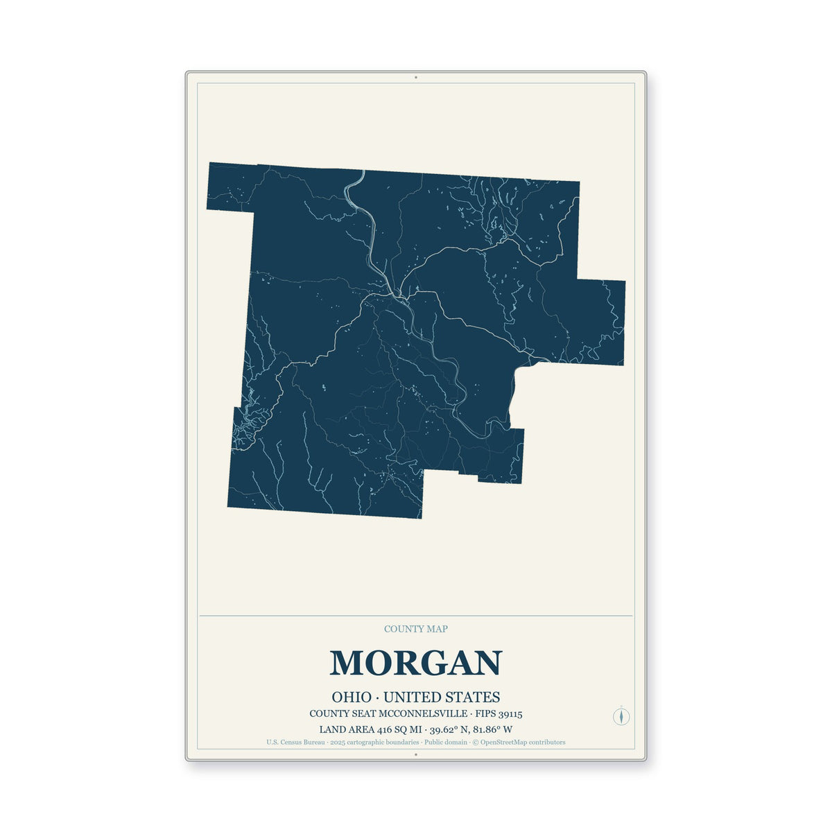 Morgan County, Ohio Map Aluminum Sign in Coastal Cutout style