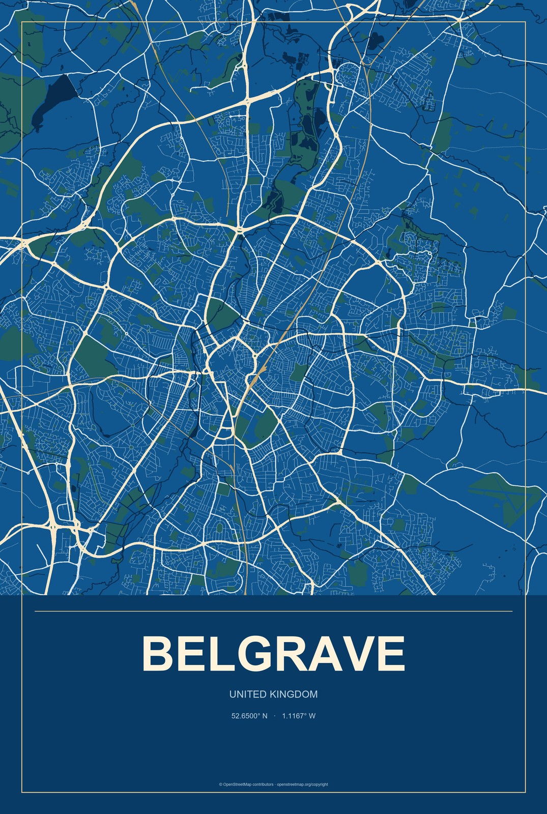 Belgrave, United Kingdom City Map Aluminum Sign in Harbor Cobalt style