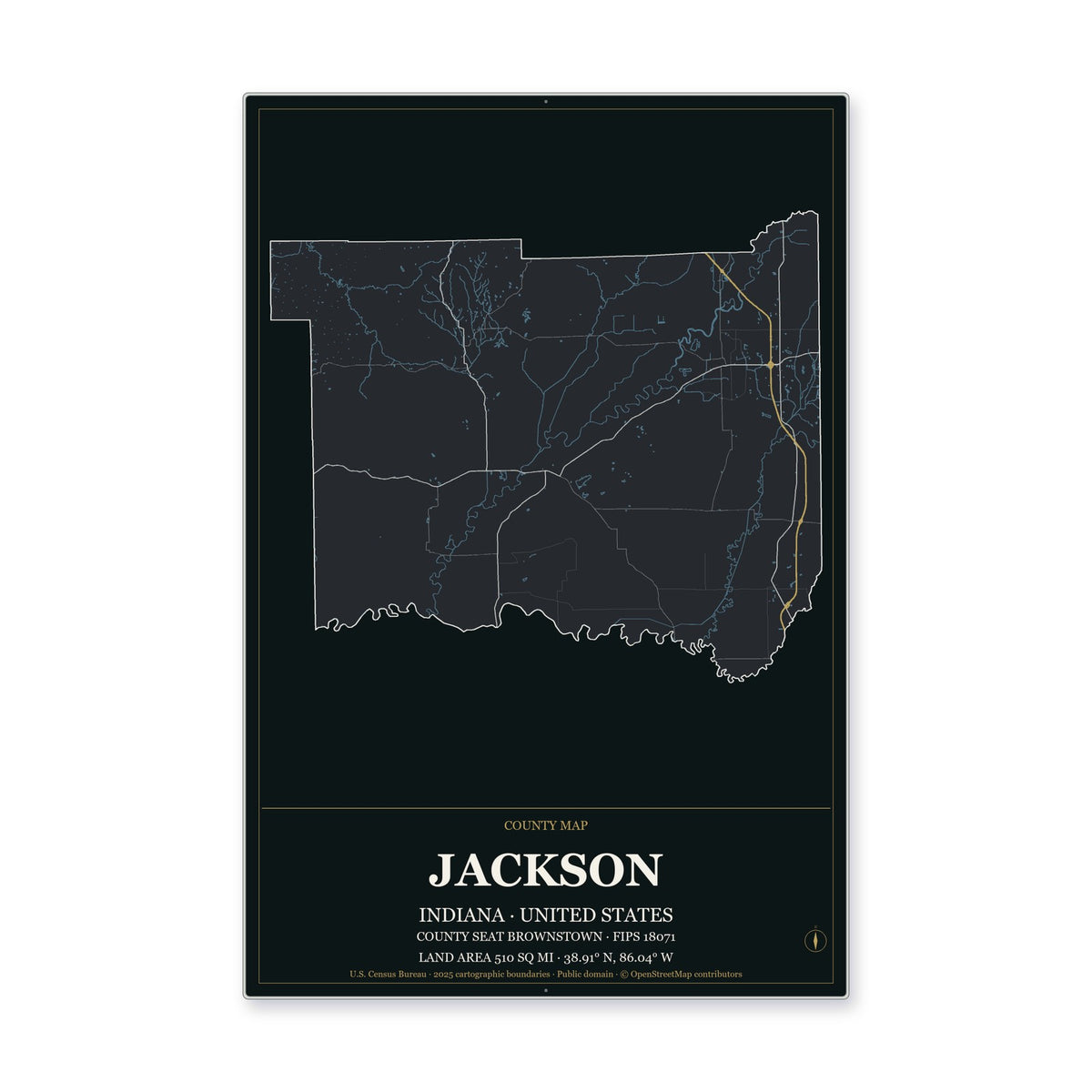 Jackson County, Indiana Map Aluminum Sign in Metropolitan Noir style