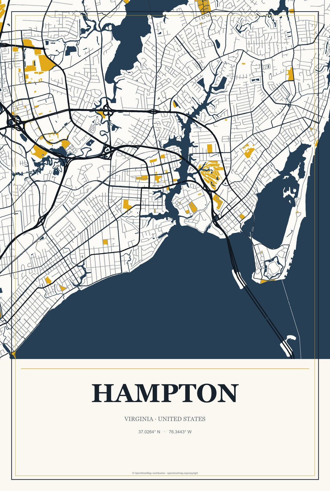 Hampton, Virginia City Map Aluminum Sign in Citrine Modern style