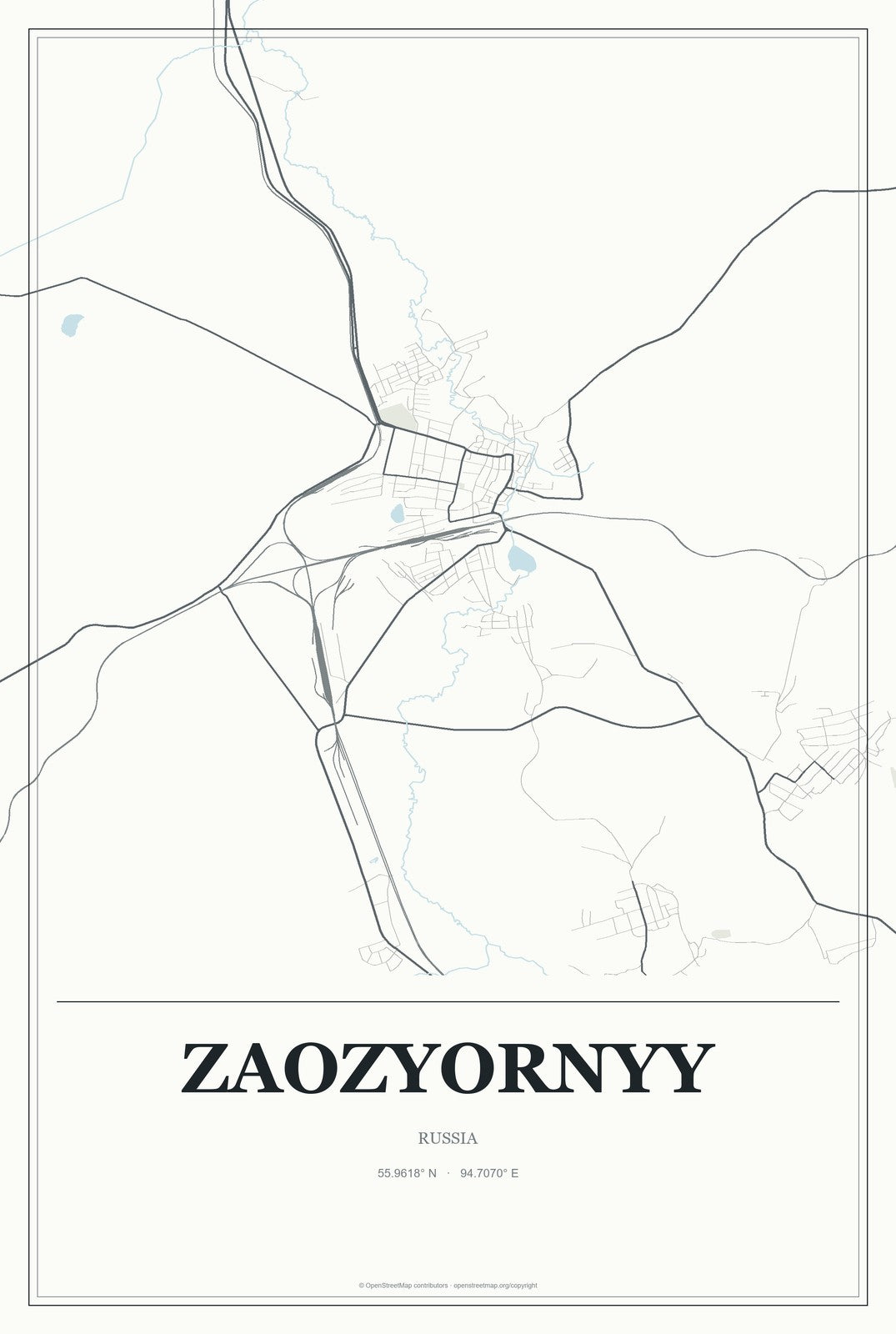 Zaozyornyy, Russia City Map Aluminum Sign in Gallery Air style