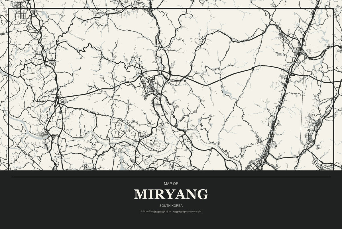 Miryang, South Korea City Map Aluminum Sign in Museum Plaque style