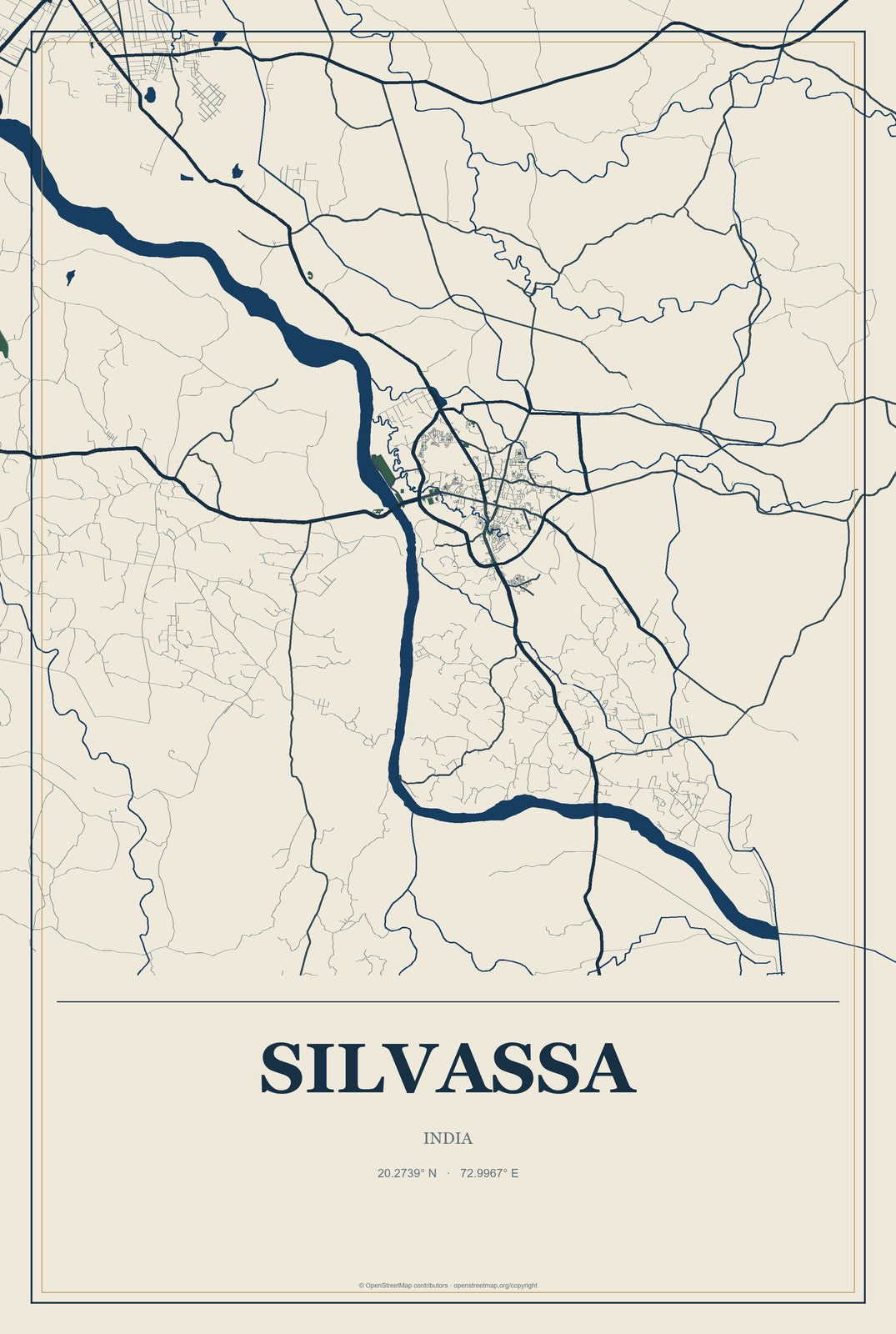 Silvassa, India City Map Aluminum Sign in Coastal Cutout style