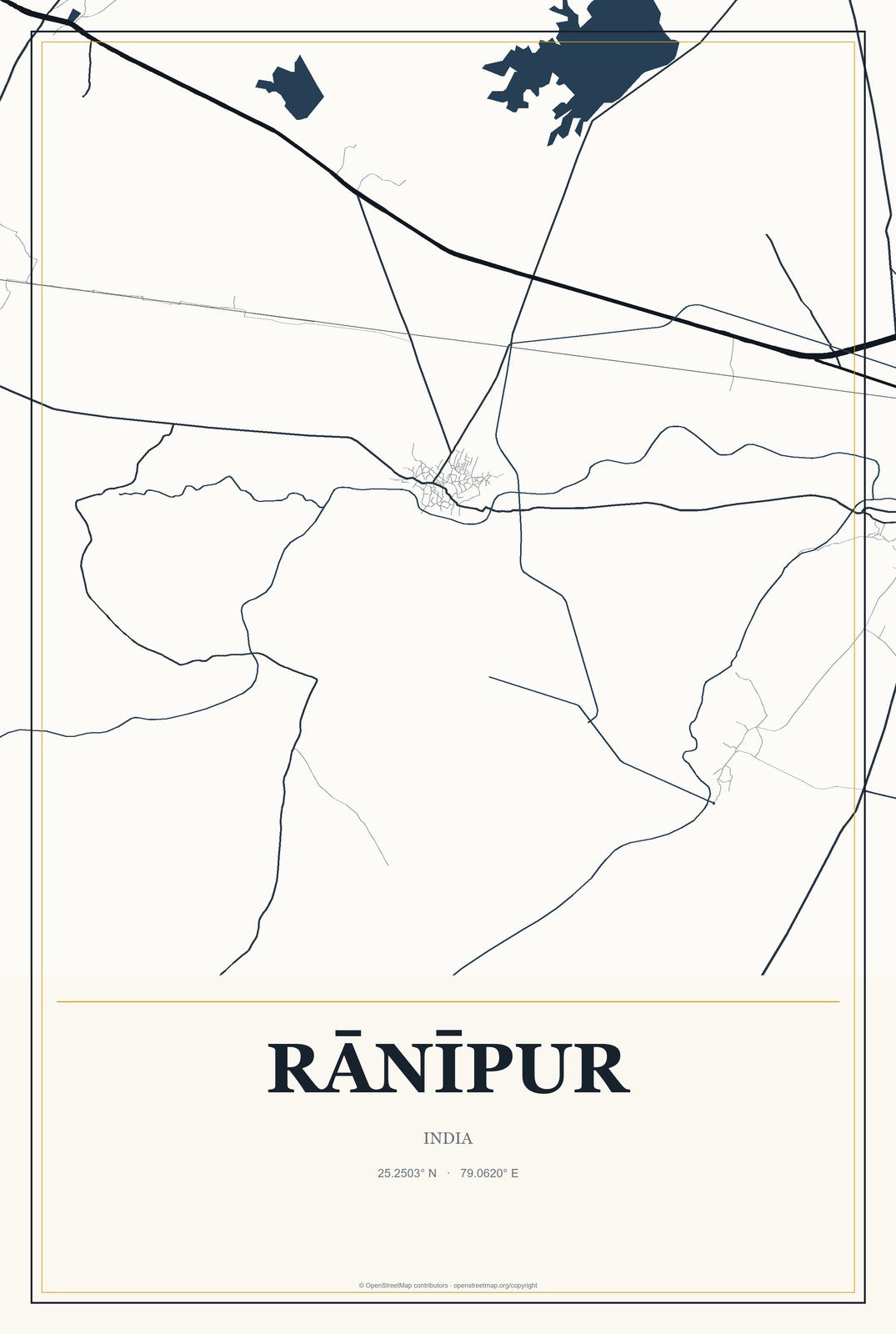 Rānīpur, India City Map Aluminum Sign in Citrine Modern style
