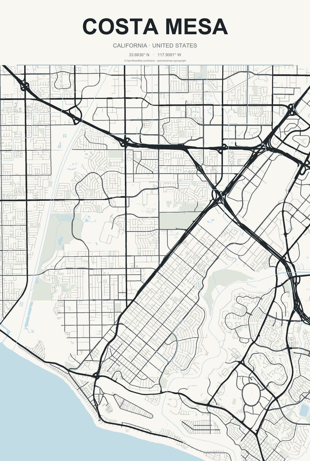 Costa Mesa, California City Map Aluminum Sign in Headline Atlas style