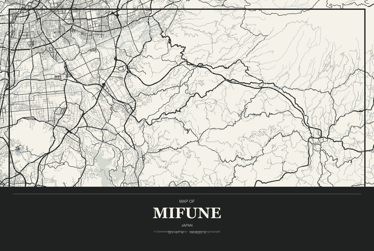 Mifune, Japan City Map Aluminum Sign in Museum Plaque style