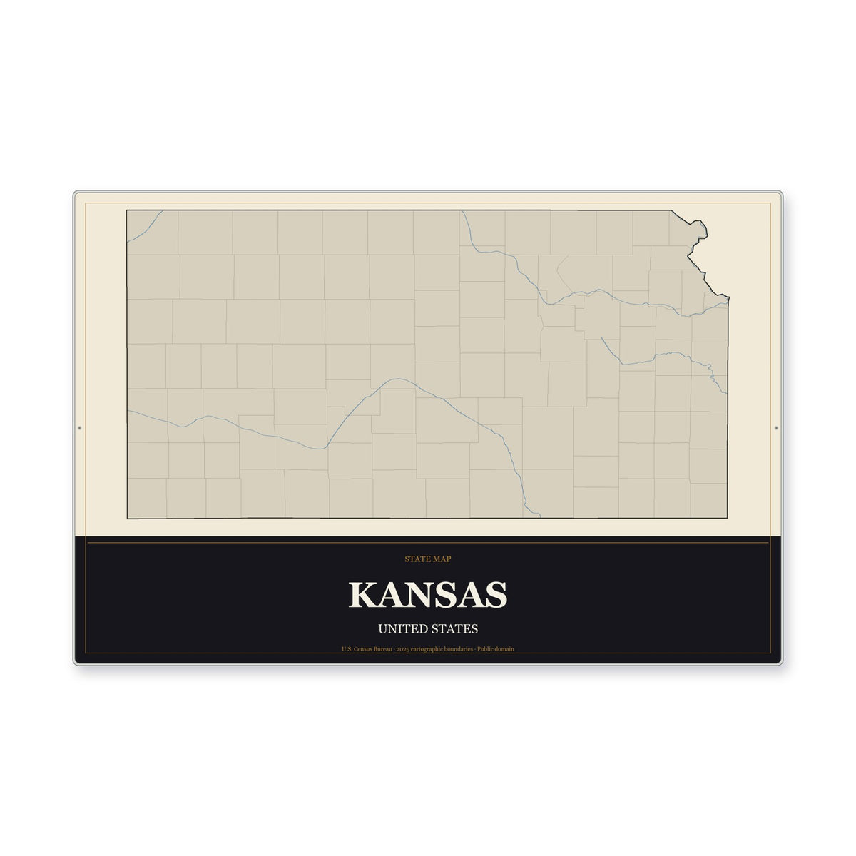 Kansas state map aluminum sign in Museum Plaque style