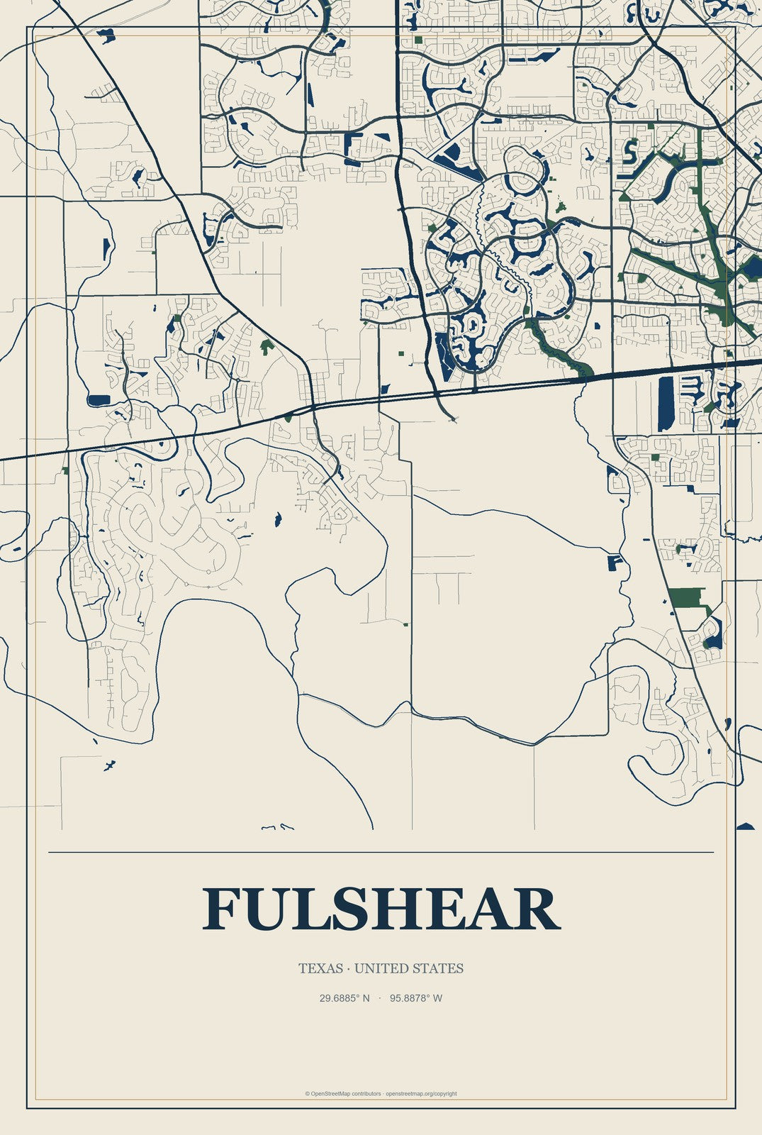 Fulshear, Texas City Map Aluminum Sign in Coastal Cutout style