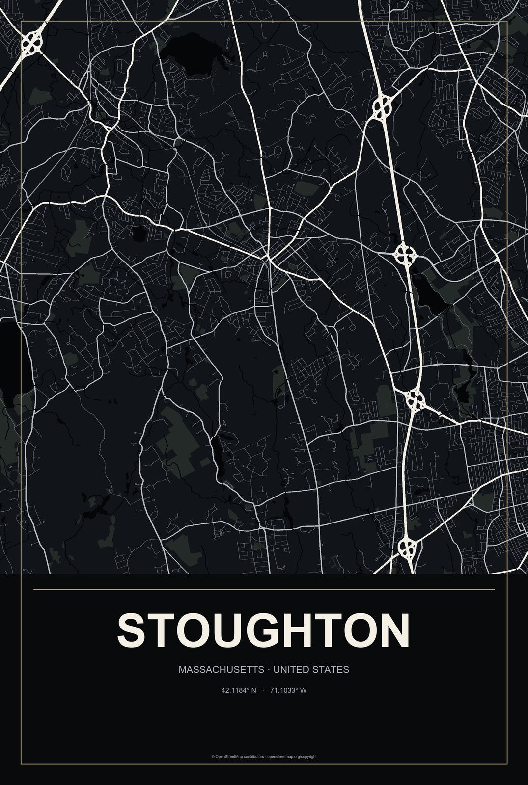 Stoughton, Massachusetts City Map Aluminum Sign in Metropolitan Noir style