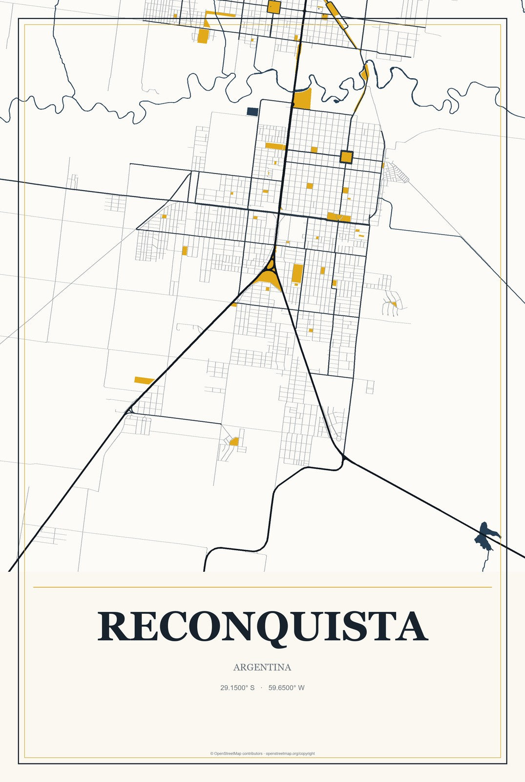 Reconquista, Argentina City Map Aluminum Sign in Citrine Modern style