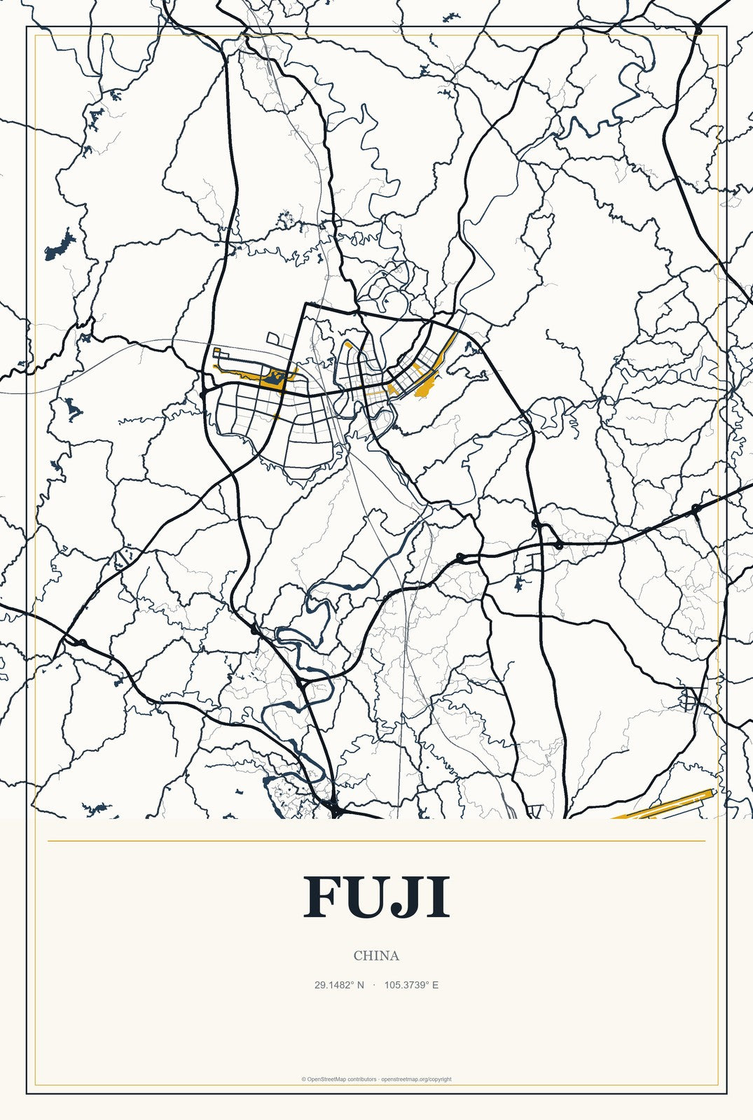 Fuji, China City Map Aluminum Sign in Citrine Modern style
