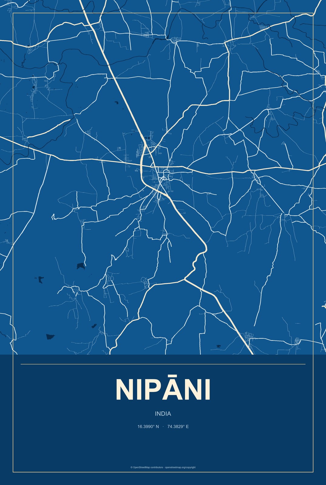Nipāni, India City Map Aluminum Sign in Harbor Cobalt style