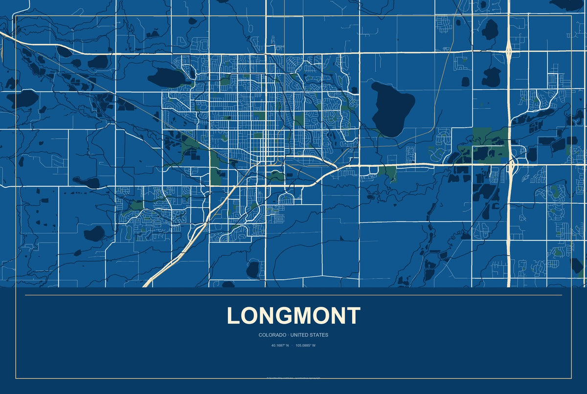 Longmont, Colorado City Map Aluminum Sign in Harbor Cobalt style