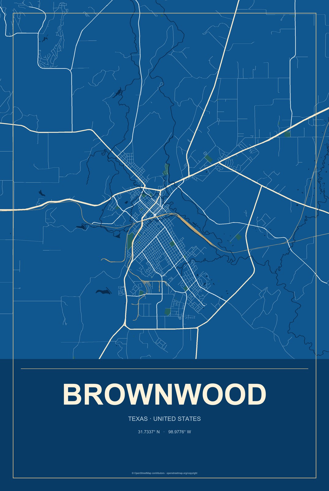 Brownwood, Texas City Map Aluminum Sign in Harbor Cobalt style