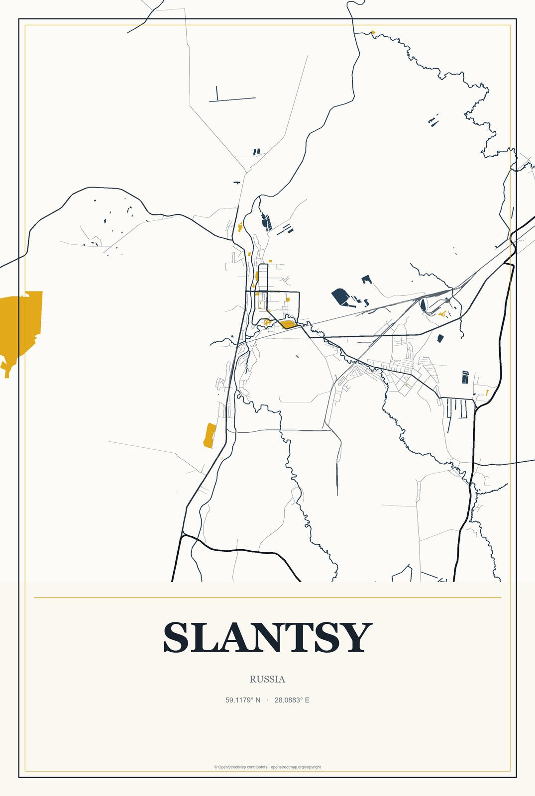 Slantsy, Russia City Map Aluminum Sign in Citrine Modern style