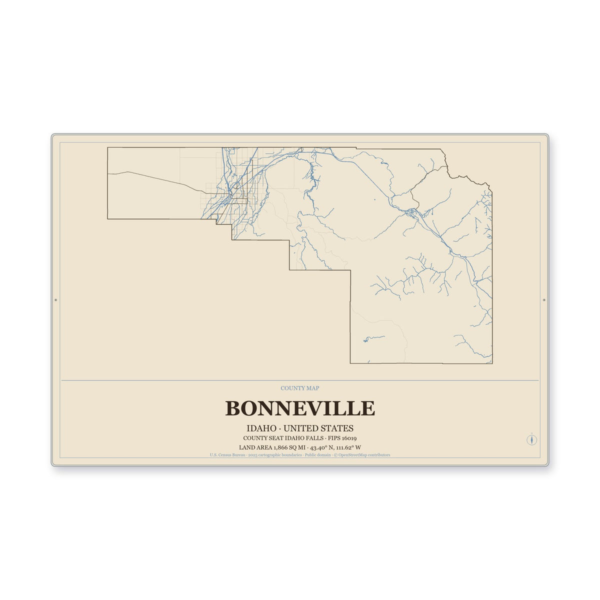 Bonneville County, Idaho Map Aluminum Sign in Heritage Nautical style