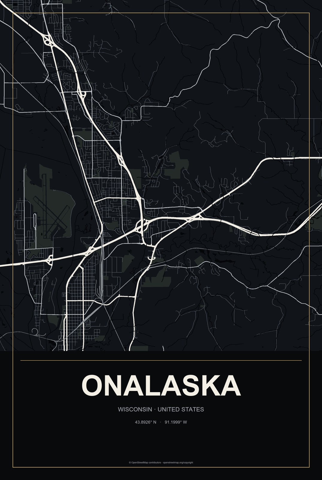 Onalaska, Wisconsin City Map Aluminum Sign in Metropolitan Noir style