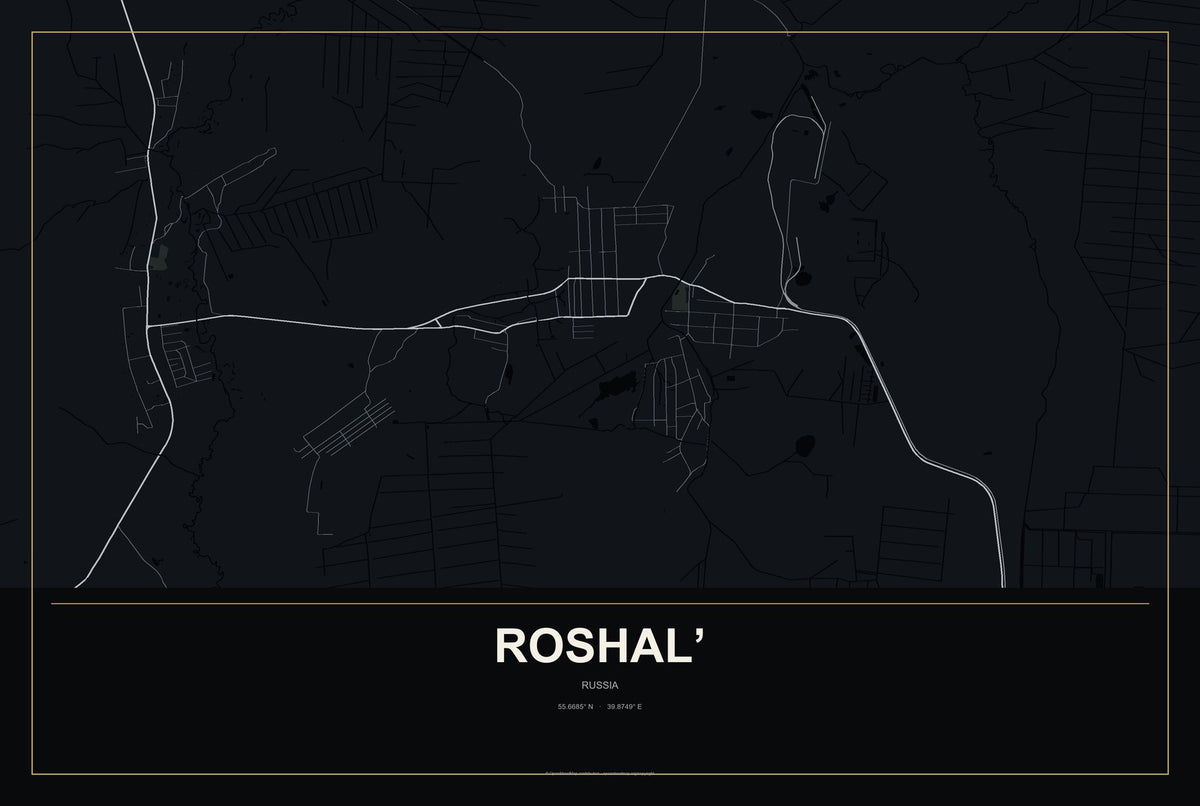Roshal’, Russia City Map Aluminum Sign in Metropolitan Noir style