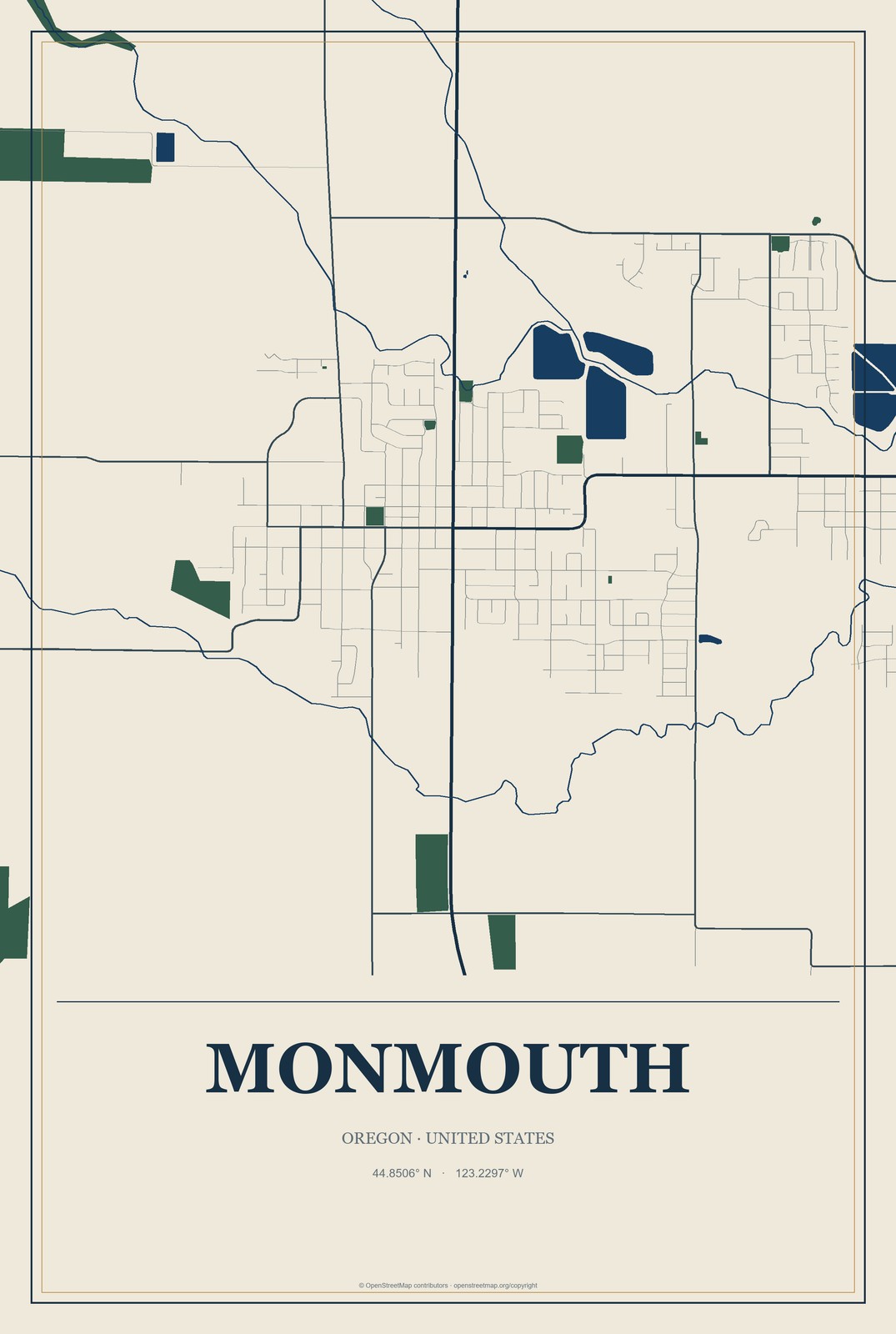 Monmouth, Oregon City Map Aluminum Sign in Coastal Cutout style