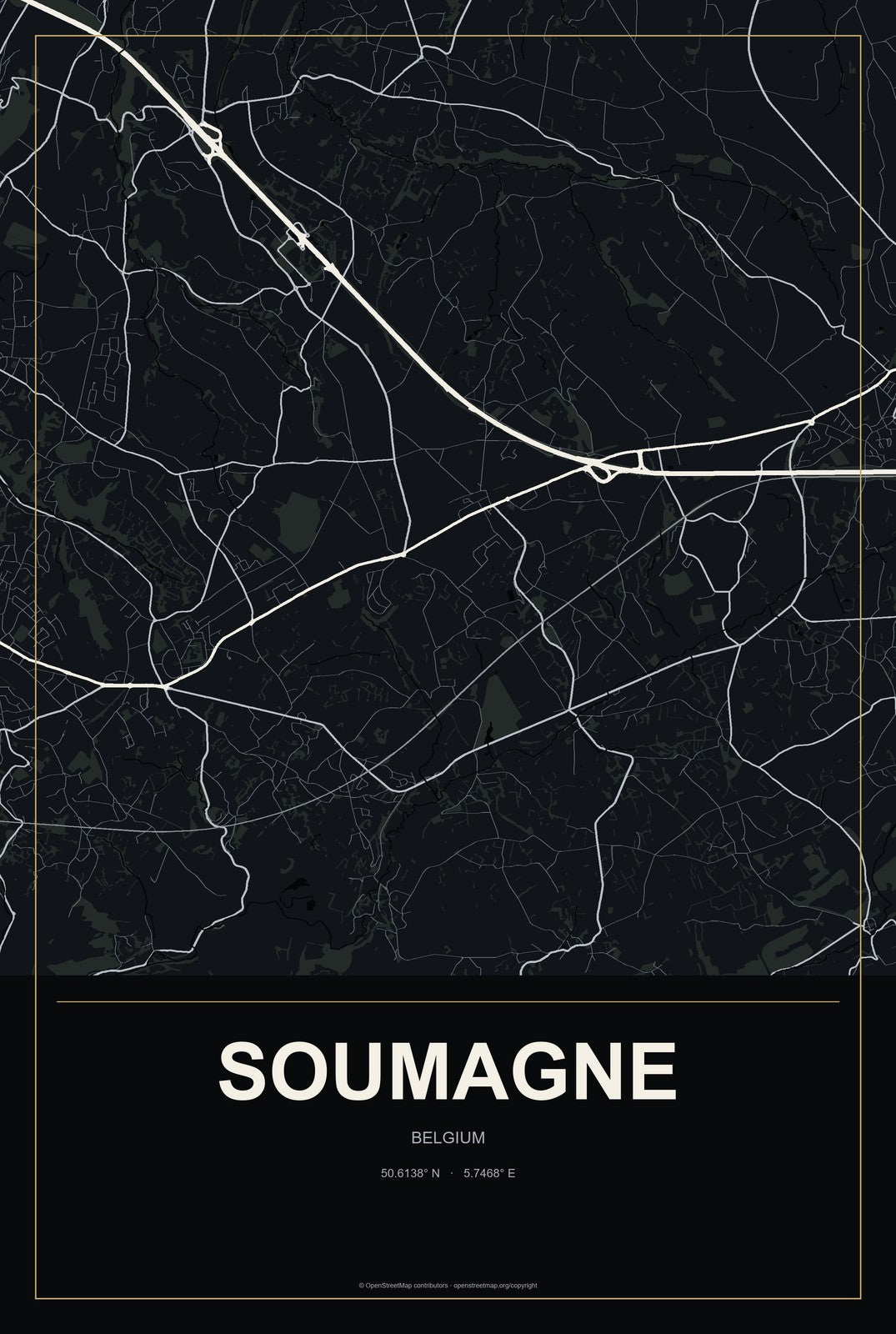 Soumagne, Belgium City Map Aluminum Sign in Metropolitan Noir style