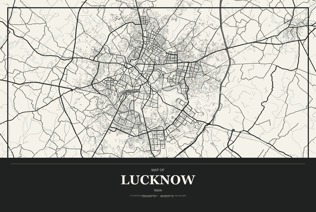 Lucknow, India City Map Aluminum Sign in Museum Plaque style