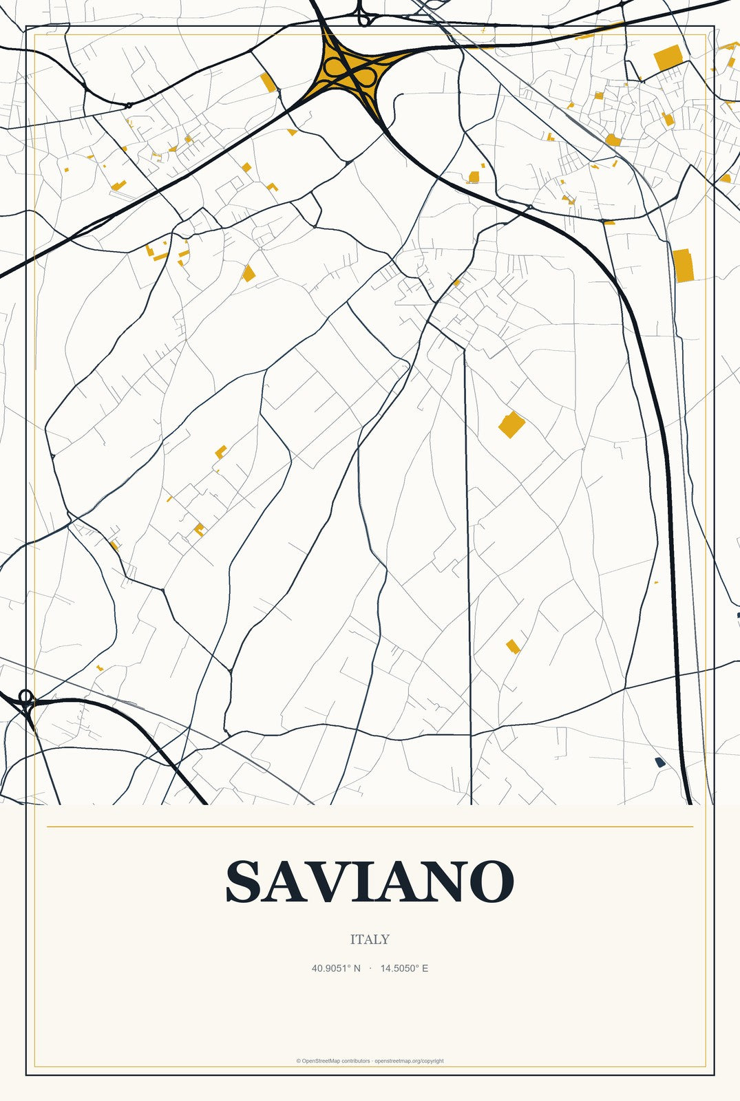 Saviano, Italy City Map Aluminum Sign in Citrine Modern style