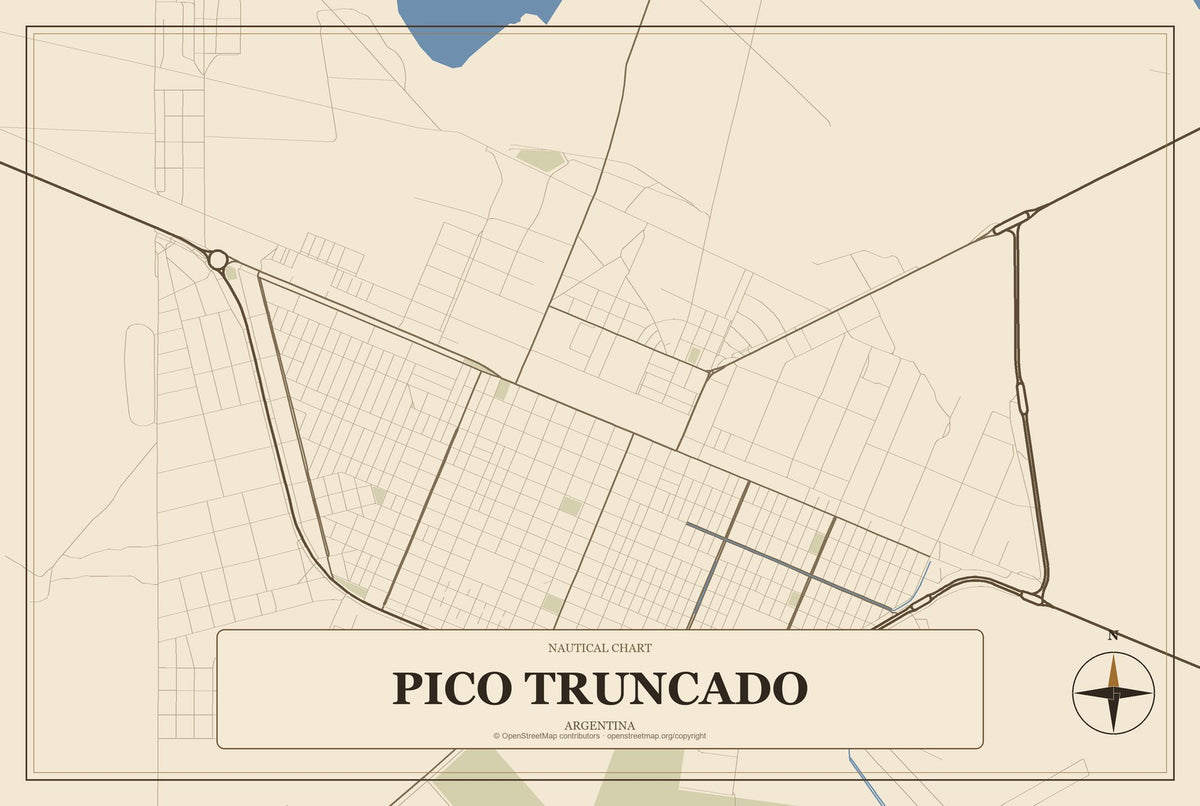Pico Truncado, Argentina City Map Aluminum Sign in Heritage Nautical style