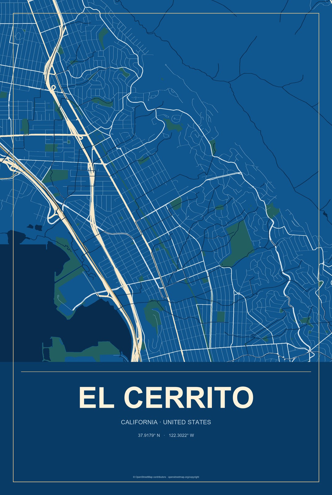 El Cerrito, California City Map Aluminum Sign in Harbor Cobalt style