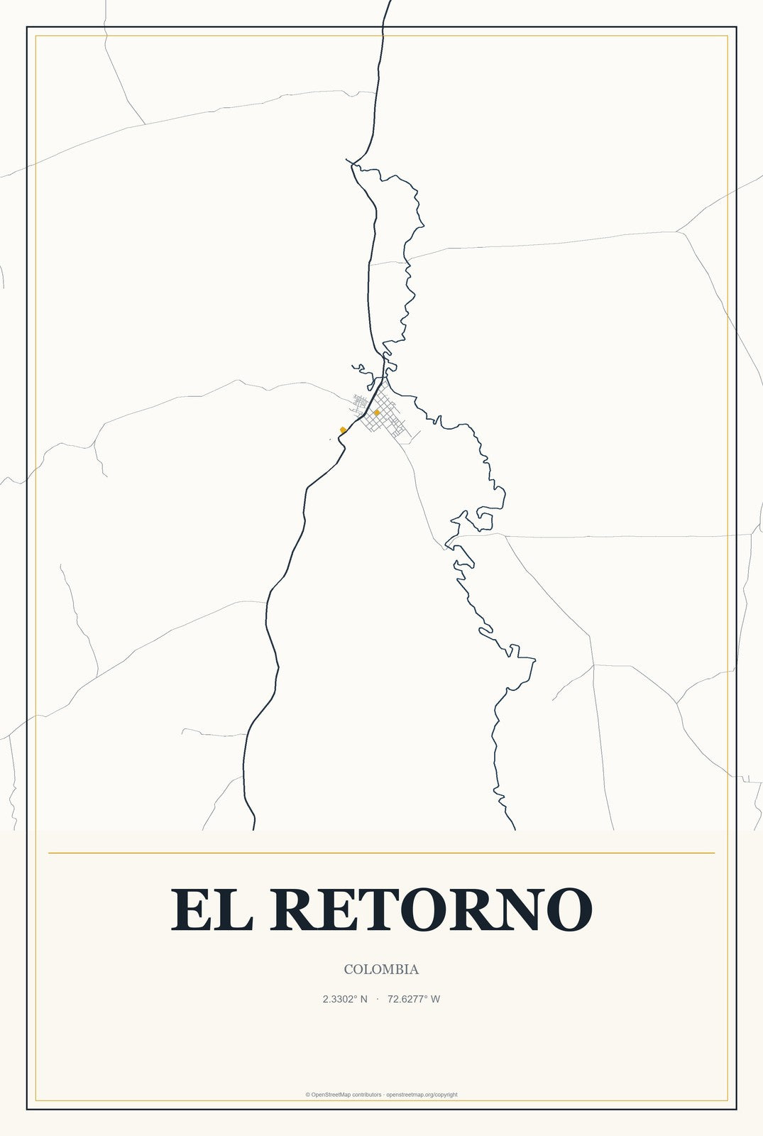 El Retorno, Colombia City Map Aluminum Sign in Citrine Modern style