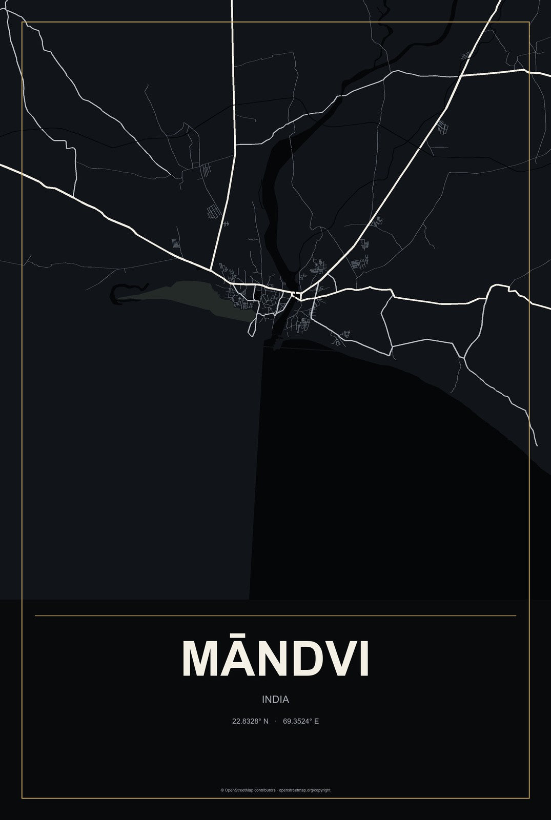 Māndvi, India City Map Aluminum Sign in Metropolitan Noir style