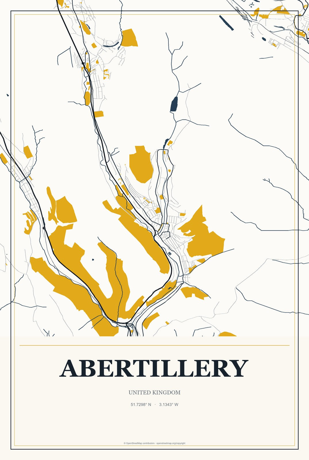 Abertillery, United Kingdom City Map Aluminum Sign in Citrine Modern style