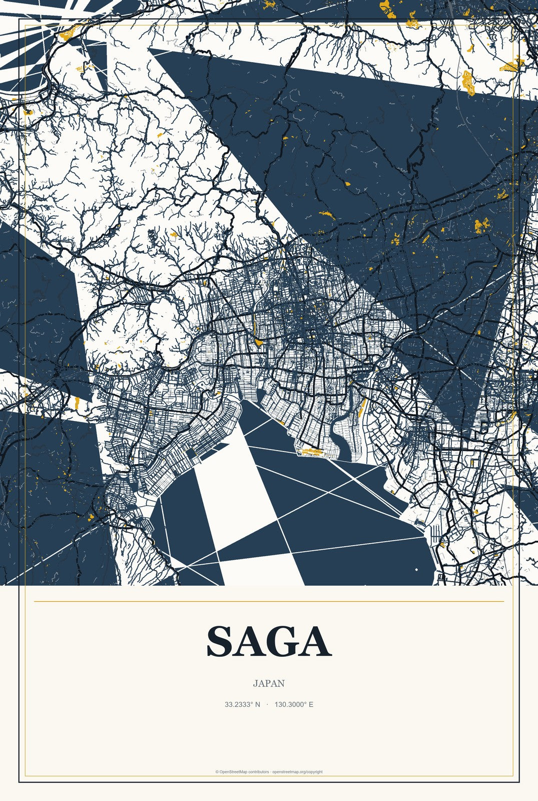 Saga, Japan City Map Aluminum Sign in Citrine Modern style