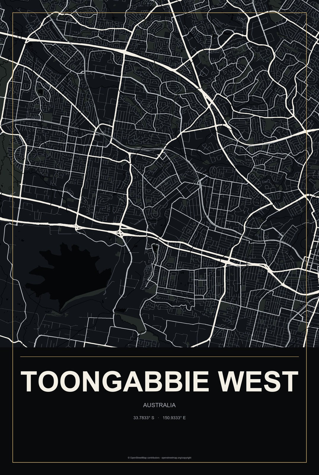Toongabbie West, Australia City Map Aluminum Sign in Metropolitan Noir style