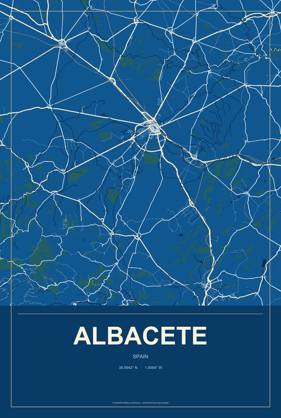 Albacete, Spain City Map Aluminum Sign in Harbor Cobalt style