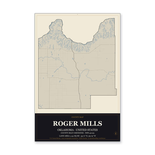 Roger Mills County, Oklahoma Map Aluminum Sign in Museum Plaque style