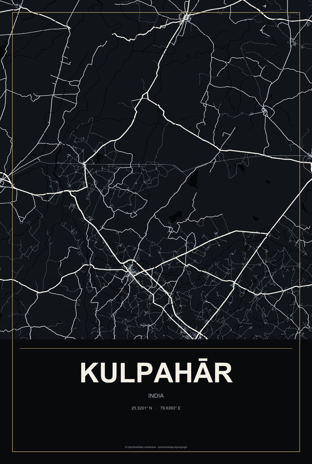 Kulpahār, India City Map Aluminum Sign in Metropolitan Noir style
