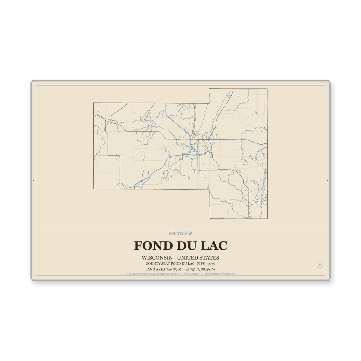 Fond du Lac County, Wisconsin Map Aluminum Sign in Heritage Nautical style