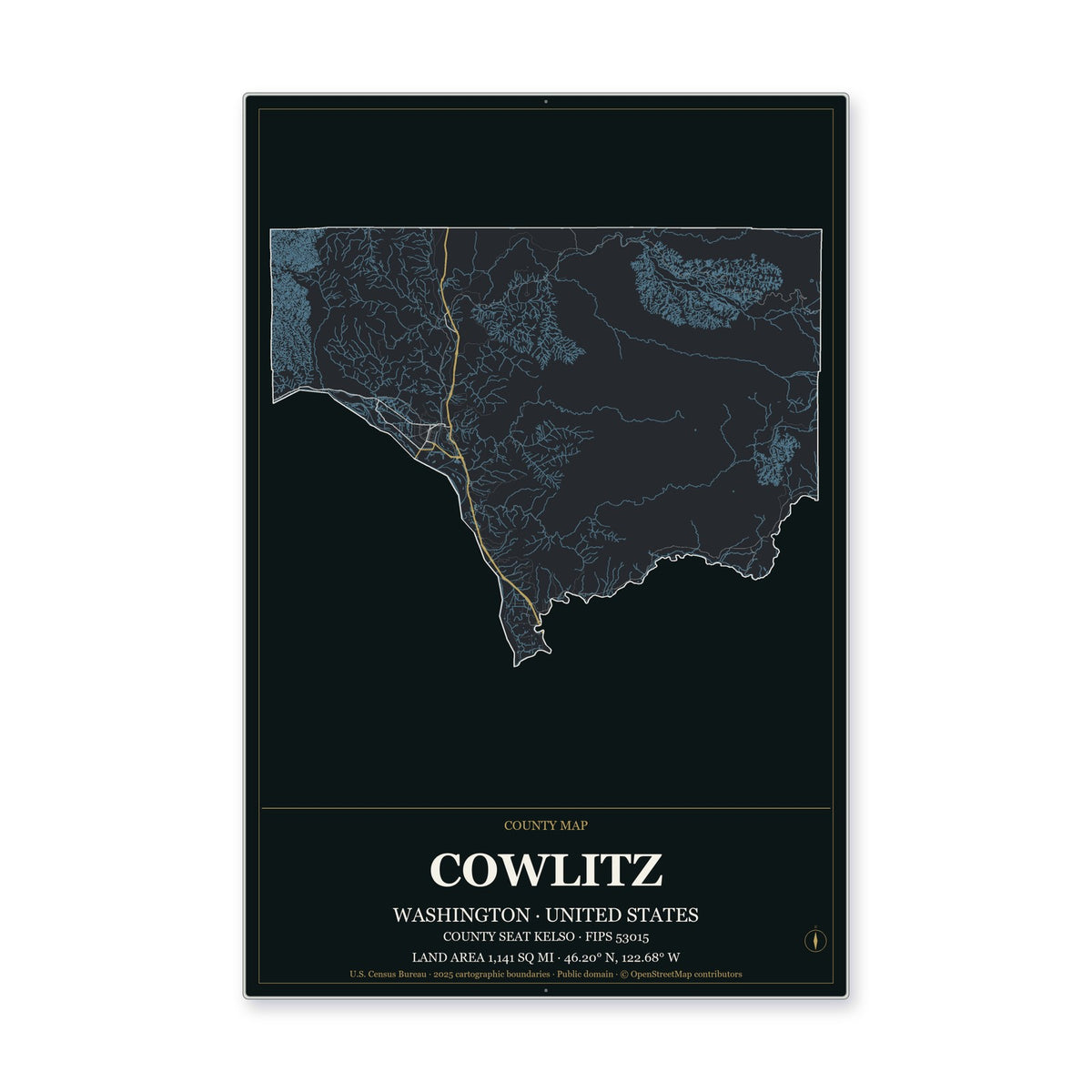 Cowlitz County, Washington Map Aluminum Sign in Metropolitan Noir style