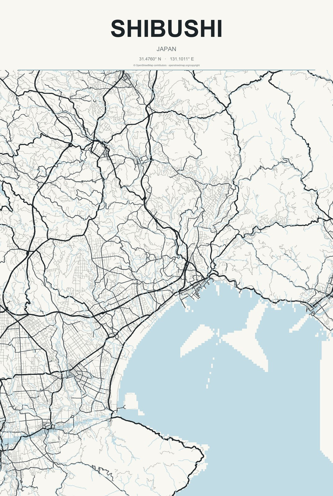 Shibushi, Japan City Map Aluminum Sign in Headline Atlas style